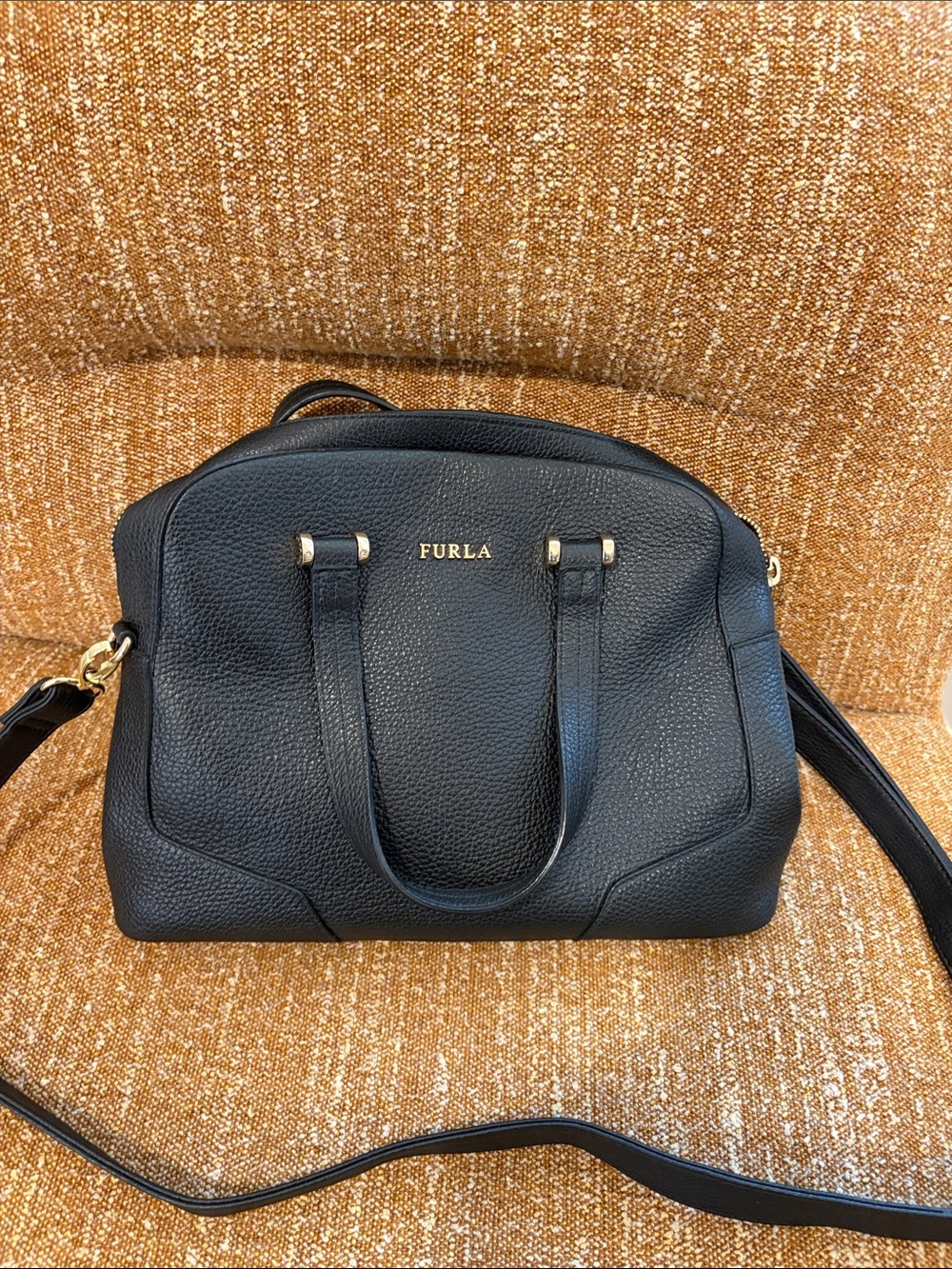 Furla Black Pebbled Leather Satchel with Gold Hardware